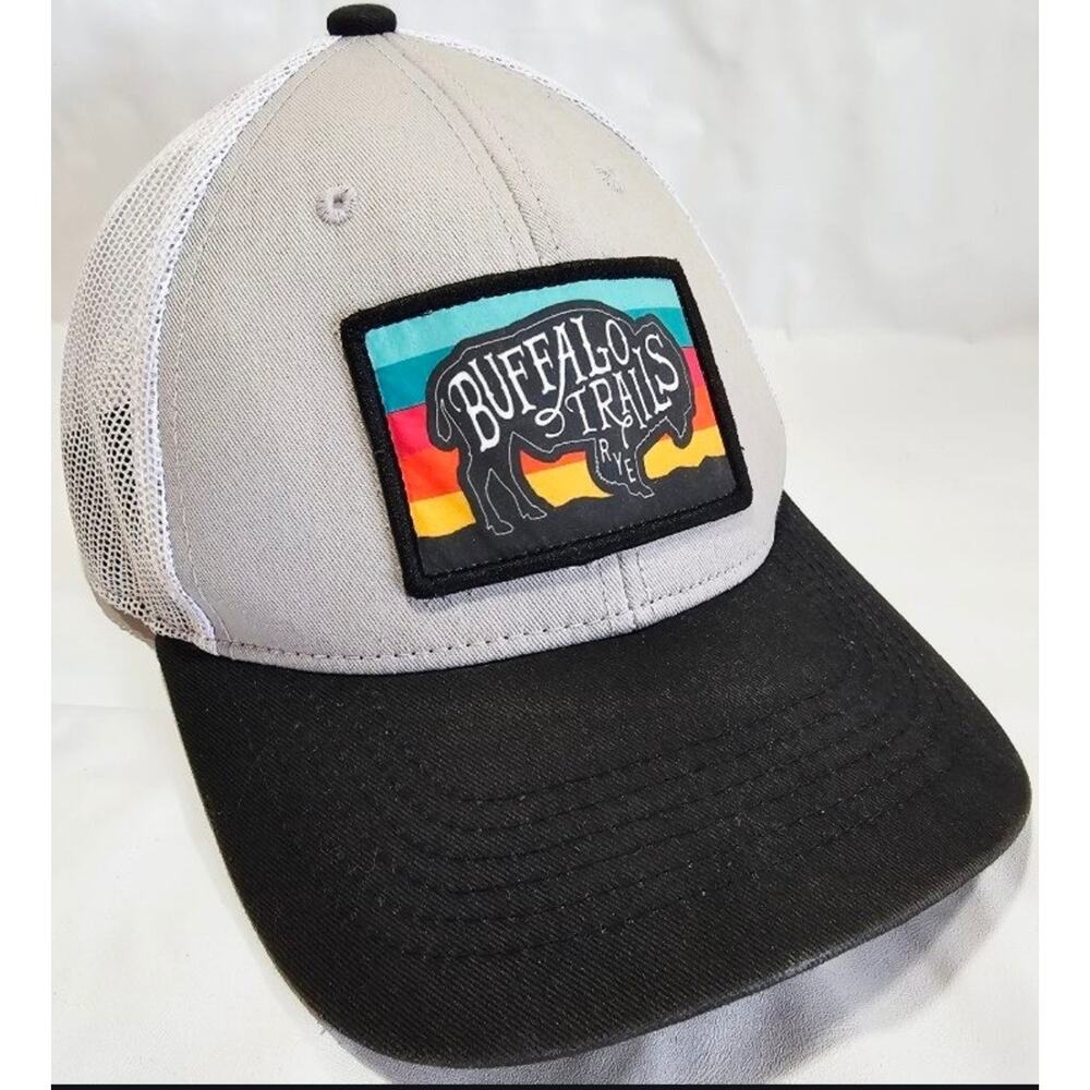 Buffalo Trails Rye Trucker Hat Cap with Embroidered Patch Hook and Loop Gray